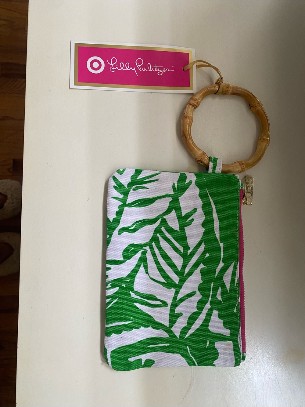 Lilly Pulitzer for Target Green White Palm Print Wristlet with Bamboo Handle